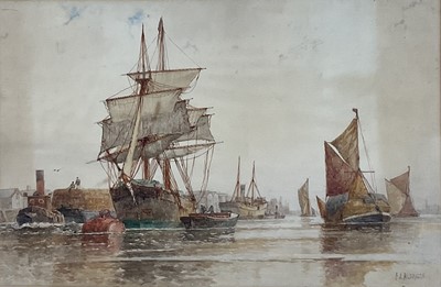 Lot 242 - Frederick James Aldridge (1850-1933) watercolour - Ships and cargo ship, signed, 34cm x 52cm, in glazed frame