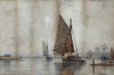 Lot 159 - Frederick James Aldridge (1850-1933) watercolour - Ships at harbour with Church beyond, signed, 34cm x 52cm, in glazed frame