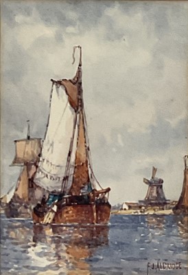 Lot 237 - Frederick James Aldridge (1850-1933) two watercolours - On the Scheldt, 20cm x 14cm and another, signed framed and glazed