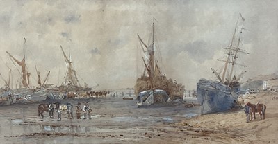 Lot 243 - 19th Century watercolour - Unloading ships cargo with horses, signed F.Ford dated 1878, 26cm x 50cm, in glazed frame