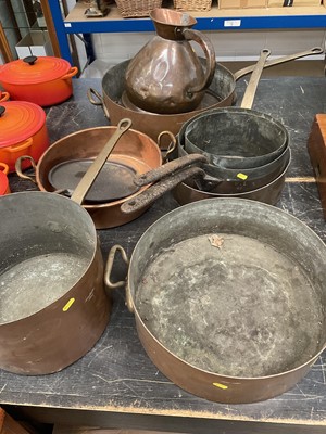 Lot 137 - Group of copper pans from the Dorchester Hotel and other copper and brass