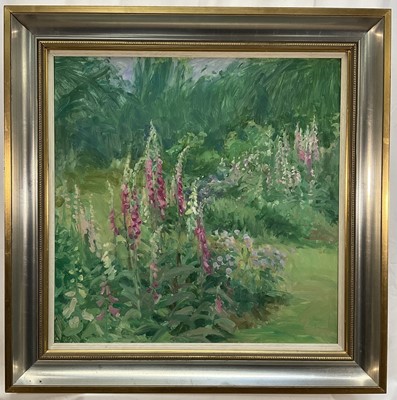 Lot 1272 - John Osborne (b.1939) oil on board - Garden with Hollyhocks, signed, 55 x 58cm, framed