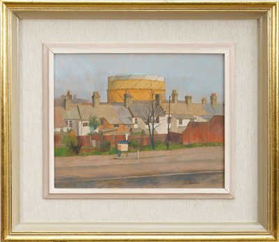 Lot 1125 - *Charles Debenham (b.1933) oil on board - The Gasometer, Bury St Edmunds, signed, 20cm x 25cm, framed.