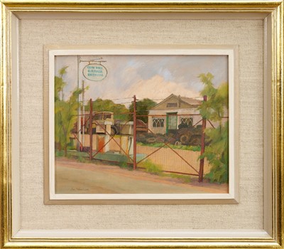 Lot 1130 - *Charles Debenham (b.1933) oil on board - Gun Hill Garage, Dedham, signed, 20cm x 25cm, framed.