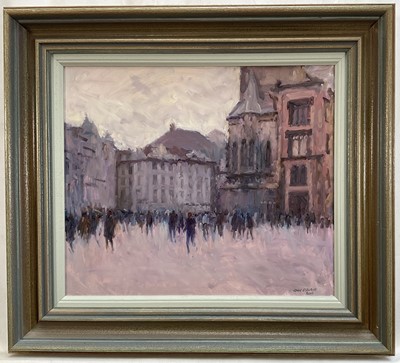 Lot 8 - John Osborne (b. 1939) oil on board - Continental city, signed, 29.5cm x 35cm, framed