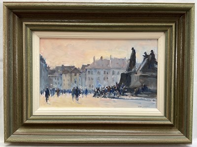 Lot 12 - John Osborne (b. 1939) oil on board - Figures and statues, signed, 14 x 24cm, glazed and framed
