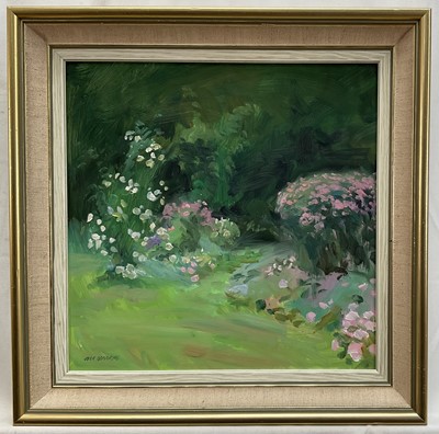 Lot 4 - John Osborne (b. 1939) oil on board - Flower garden, signed, 29.5cm x 29.5cm, framed