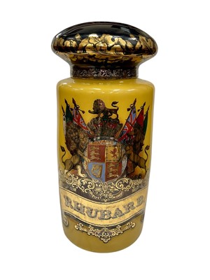 Lot 1486 - Very large painted and emblazoned glass Rhubarb apothecary jar and co...