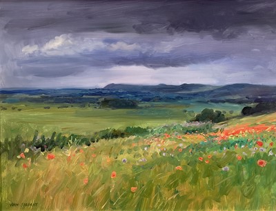 Lot 7 - John Osborne (b. 1939) oil on board - Poppy field, signed, 33cm x 44cm, framed
