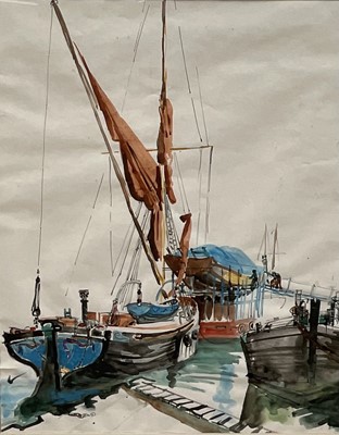 Lot 14 - Tessa Spencer Pryse (b. 1940) watercolour - Maldon Barges, signed and titled, 49cm x 39cm, glazed and framed