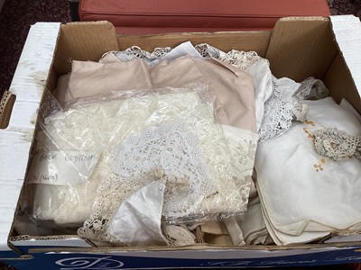 Lot 868 - Three boxes of worked table linens, lace and crochet trimmed. Tablecloths, mats, napkins etc.