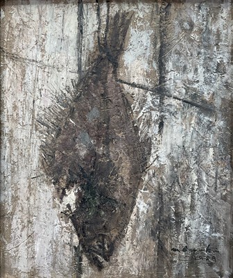 Lot 225 - Chinese school, oil on board, hanging fish, indistinctly signed and dated 195953 x 45cm, framed
