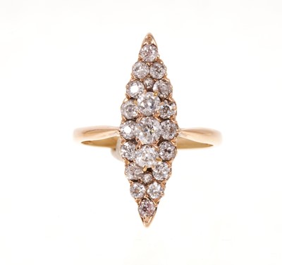 Lot 549 - Late Victorian diamond marquise-shape cluster ring with twenty one old cut diamonds in gold claw setting on gold shank