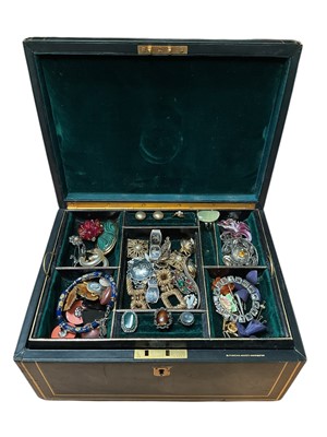Lot 35 - Victorian leather jewellery box containing vintage costume jewellery and bijouterie including a 1970s silver bangle