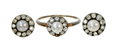 Lot 611 - Pair of Victorian pearl and diamond cluster earrings and matching ring