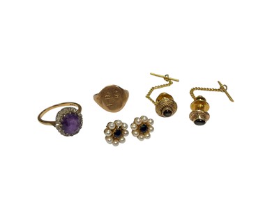 Lot 135 - 9ct gold amethyst and diamond cluster ring, pair of 9ct gold sapphire and cultured pearl earrings, two tie pins (both stamped 18K) and a gold signet ring