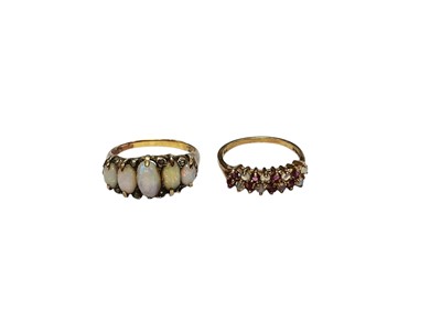 Lot 128 - Opal five stone ring with diamond chip accents on a yellow metal shank and 9ct gold opal and pink stone two row dress ring