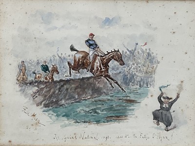 Lot 213 - Finch Mason watercolour The Grand National 20th March 1892 at Aintree Winner Father O'Flynn at 100-1 with jockey Captain Roddy Owen, signed, 25cm x 34cm mounted in glazed frame