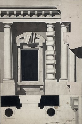 Lot 214 - 18th century pen and ink architectural study, 40cm x 27cm,signed Gavoir and dated 1718, in glazed frame.