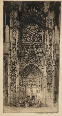 Lot 212 - Mortimer Menpes, etching of Rouen cathedral, 31cm x 17cm, signed in glazed frame.