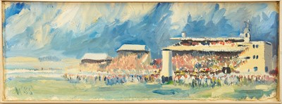 Lot 1178 - *Robert Sadler (1909-2001) oil on card - Newmarket Race Stands, initialled, 20 x 59cm, framed