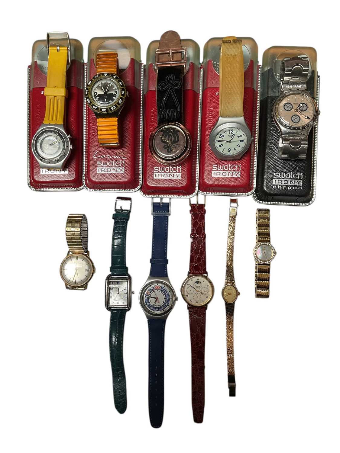 Lot 9 - Group of Swatch watches including cases including a stainless steel 'Irony' chronograph, together with other wristwatches