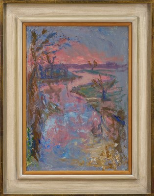 Lot 1053 - *Margaret Thomas (1916-2016) oil on board - Winter Evening, Waveney, 1999, titled verso, 35 x 25cm, in glazed frame