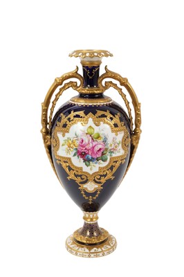 Lot 296 - Royal Crown Derby ovoid two handled vase, painted by Gresley, within raised paste gilded cartouches, signed