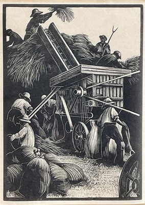 Lot 1 - Clare Leighton (1898-1989) wood engraving - 'Threshing', 17cm x 12cm, gallery label verso, 'Commissioned for The Forum', in glazed frame