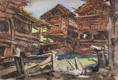 Lot 177 - Estella Canziani (1867-1964) watercolour- Old wooden chalets at Hauderes 1937, with original Abbott and Holder catalogue 1978