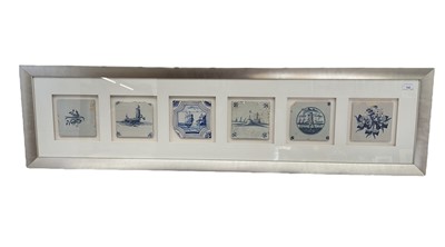 Lot 142 - Six antique delft tiles mounted in a glazed frame and another single delft tile also in a glazed frame.