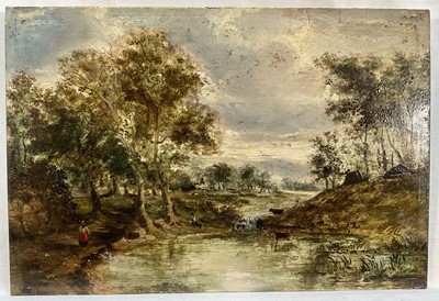 Lot 274 - Early 19th century English School oil on panel, figures beside a pond, 21cm x 31cm, unframed