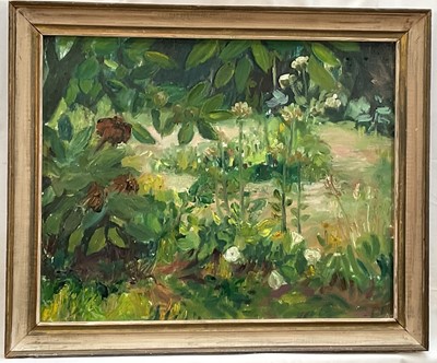Lot 1150 - Eileen Bell (1907-2005) oil on board - 'Under the Apple Trees', signed and titled verso, 39cm x 49cm, in glazed frame
