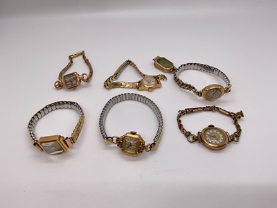 Lot 69 - Group of seven 1930s-1960s ladies gold cased wristwatches on plated bracelets