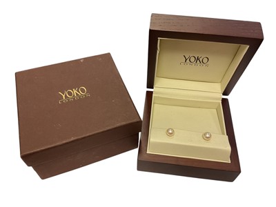 Lot 255 - Pair of 18ct gold cultured pearl stud earrings by Yoko, London, in original box