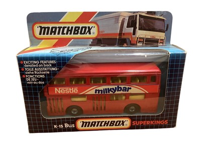 Lot 1742 - Matchbox Superkings Petrol Tanker No.K-109, Money Box No. K-88, Peterbilt Tipper Truck No.K-105, Cement Truck No.K-26 & Bus No.K-15, all with trilingual window boxes (5)