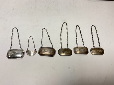 Lot 40 - Three Georgian silver labels, Port (2) and Sherry, together with three others, Whisky (2) and Brandy (6 in total)