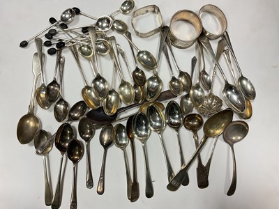 Lot 38 - Collection of Georgian, Victorian and later silver tea and coffee spoons, sifter spoon and three napkin rings, all at 20.2ozs