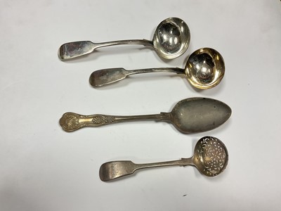 Lot 39 - Pair of Victorian silver fiddle pattern sauce ladles, vicotiran silver sugar sifter spoon and a kings pattern table spoon, all at 8.3ozs (4)