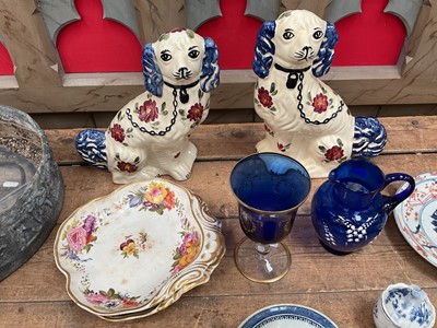 Lot 47 - Pair of late 18th century Derby porcelain shaped dishes decorated with floral panels, blue glass jug decorated with Lilly of the Valley and a blue glass goblet with gilded decoration (4)