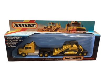Lot 1745 - Matchbox SuperKings Racing Car Transporter (Ferrari) (Box poor) No.K-199, Bulldozer Transporter No.K-117 & Ford Transcontinental No.K-21, all in window boxes (3)