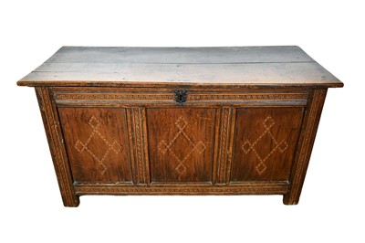 Lot 1382 - Early 18th century oak and parquetry inlaid coffer, with three panel front, raised on stiles, 134cm wide x 54cm deep x 70cm high