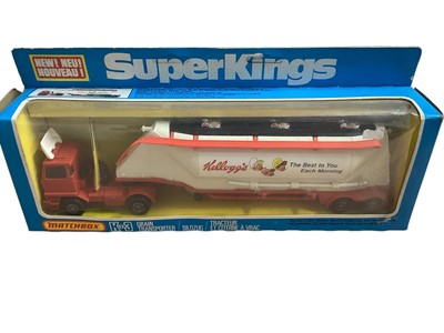 Lot 1737 - Matchbox SuperKings Grain Transporter (Heidelberger Zement) No.K-3 & (Kelloggs) No.K-3, plus Animal Transporter K-8 (box poor) all in window boxes (3)
