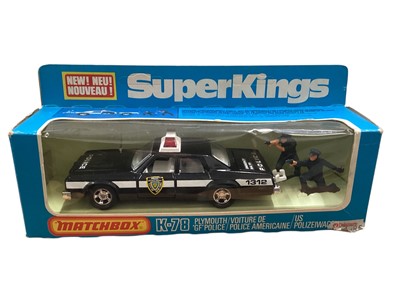 Lot 1743 - Matchbox SuperKings Plymouth Grand Fury (GP) New York City Police Car (Black & Blue versions) No.K-78, Dodge Polizei Van No.K-99 & Range Rover Police with Motorcyclists No.K-97, all in w...