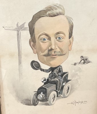 Lot 17 - W. L. Rowland, Edwardian watercolour caricature / cartoon of a speeding motorist beside a sign for Exmouth, signed and dated 1904, in glazed frame,...