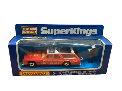 Lot 1735 - Matchbox SuperKings Dodge Monaco Fire Chief (Red & Green version) No.K-67, Plymouth Emergency Rescue No.K-65, Dodge Ambulance No.K-38 & Fire Tender No.K-110, all in window boxes (5)