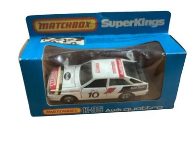 Lot 1747 - Matchbox SuperKings Car Recovery Vehicle No.K-2, Motorcycle Transporter No.K-6 & Audi Quattro No.K-95, all in window boxes (3)