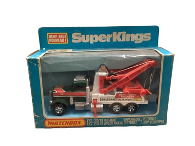 Lot 1741 - Matchbox SuperKings Peterbilt Wreck Truck No.K-20, Digger & Plough No.K-25 & Bedford Skip Truck No.K-28, all in window boxes (3)