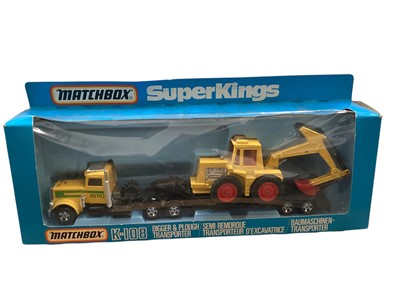 Lot 1733 - Matchbox SuperKings Digger & Plough Transporter No.K-108 & Ford Transcontinental No.K-21, both in window boxes (2)
