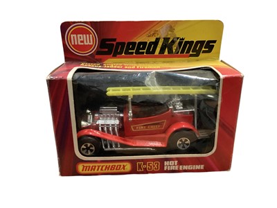 Lot 1730 - Matchbox Speed Kings including Street Rod No.K-50, Milligans Mill No.K-39, Ford Mustang MkII No.K-60 & Hot Fire Engine No.K-53, all in window boxes (4)
